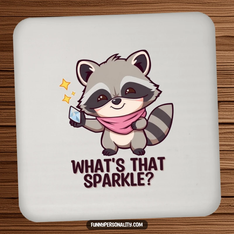 Funny Drink Coaster: A joyful raccoon wearing a mask and holding a shiny object, protecting surfaces with playful charm.