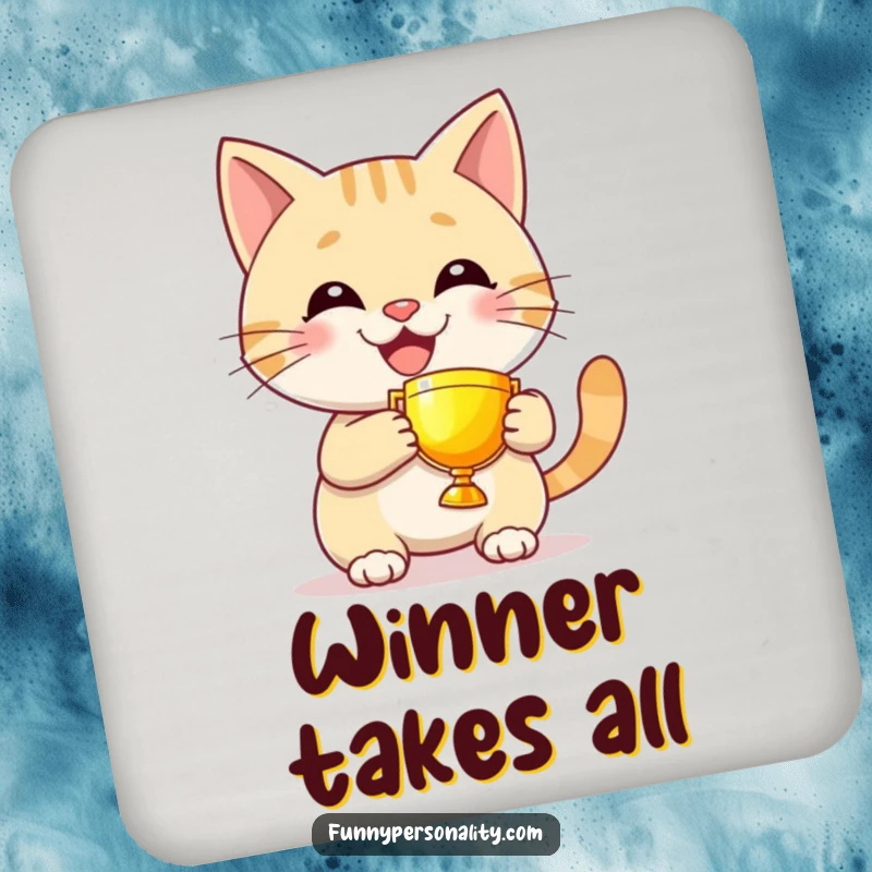 Funny cat drink coaster featuring a grinning character proudly holding a tiny, glowing trophy, protecting surfaces with humor.