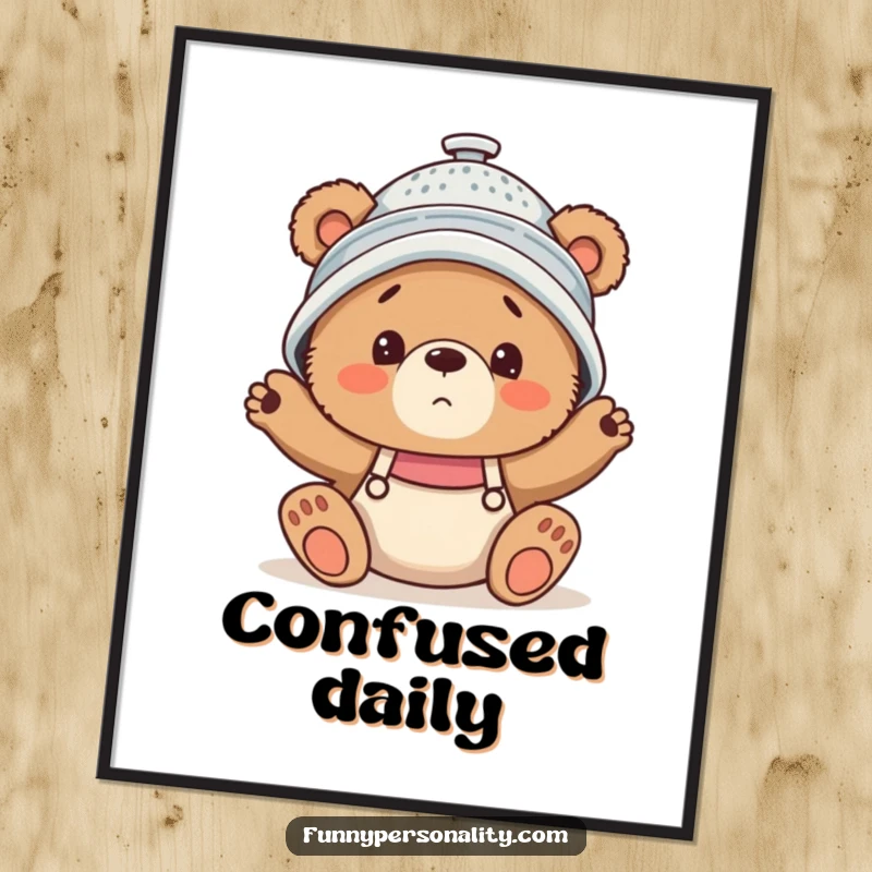 Funny Poster print of a clumsy bear cub looking confused while wearing a colander as a hat, expressing comical bewilderment.