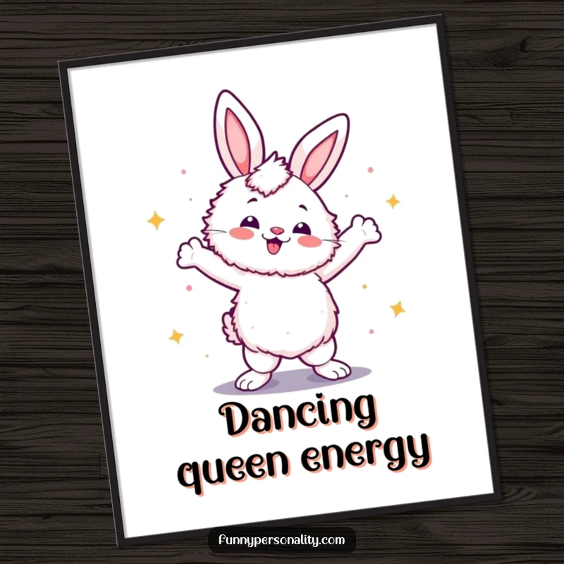 Funny poster art of a fluffy rabbit striking a confident disco dance pose, bringing retro fun and dance energy to any space.