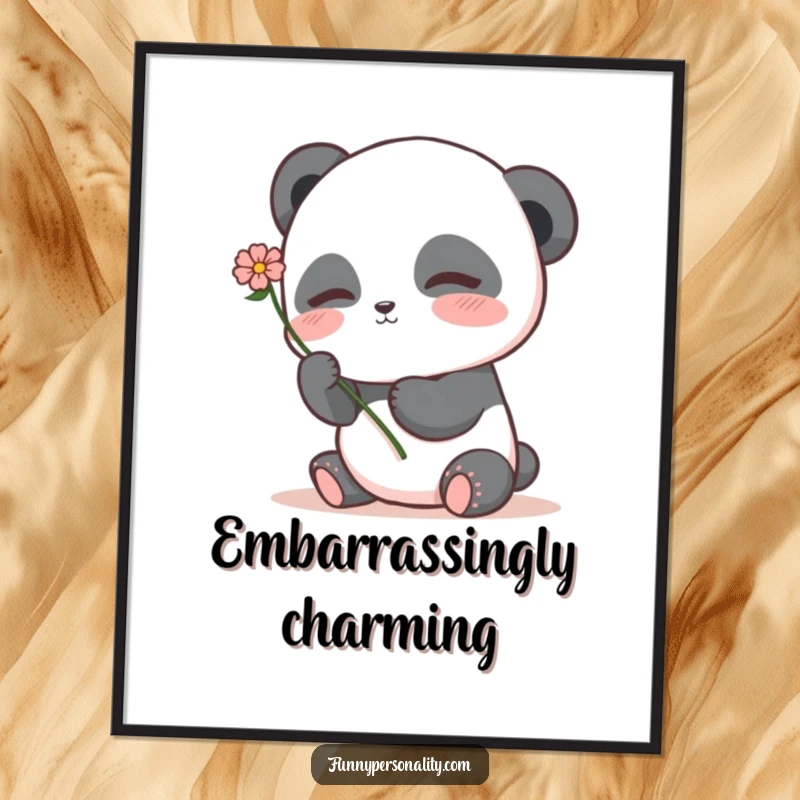 Shy panda poster depicting a blushing panda character holding a flower, adding a sweet and charming touch to decor.