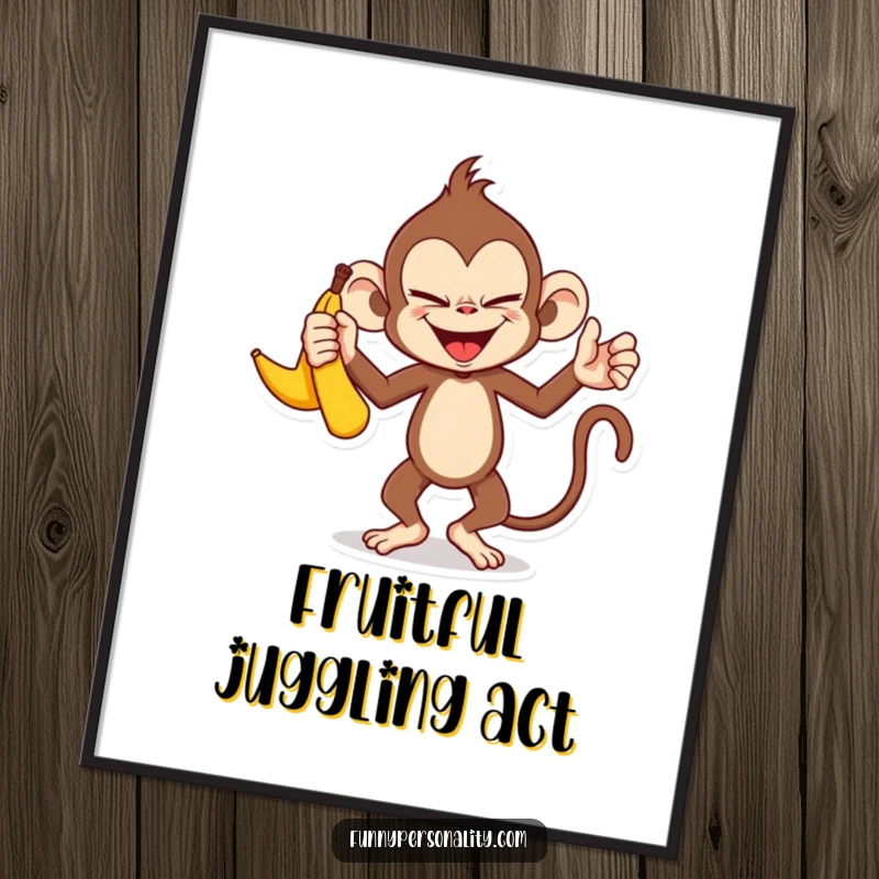 Funny monkey poster: wall art of a mischievous monkey character skillfully juggling three bananas with a sly, cheeky grin.