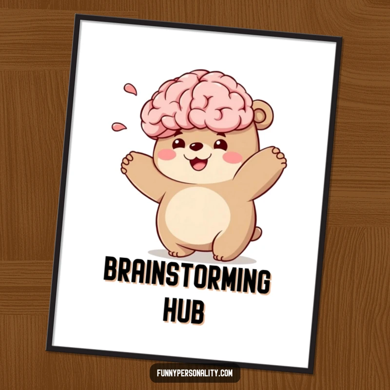 Funny bear character poster showing a chubby bear playfully tossing a large, smiling brain, symbolizing quirky intelligence.