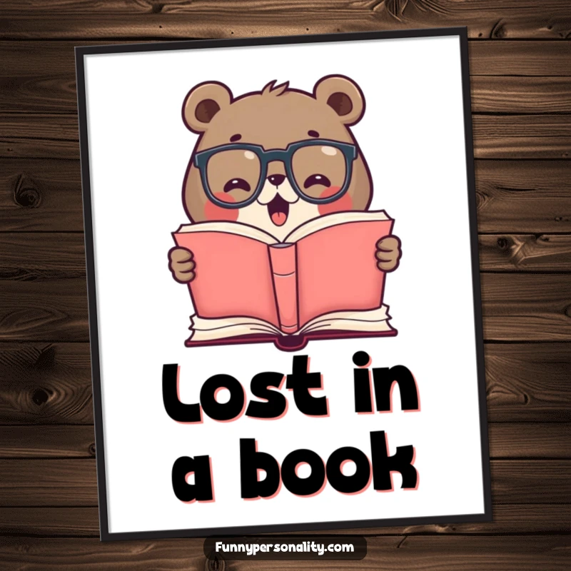 Funny poster art of a cute bear wearing glasses, excitedly reading a giant open book, celebrating wisdom and the love of literature.
