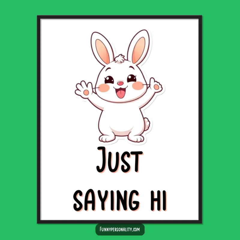 Funny Bunny Poster: Cheerful Waving Cartoon Rabbit, Joyful Animal Art Gift