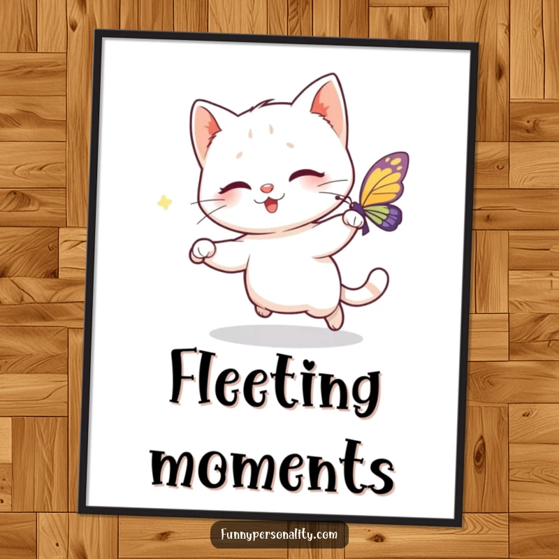 Funny poster depicting a playful cat character joyfully chasing a sparkling butterfly, capturing a moment of delightful movement and fun.