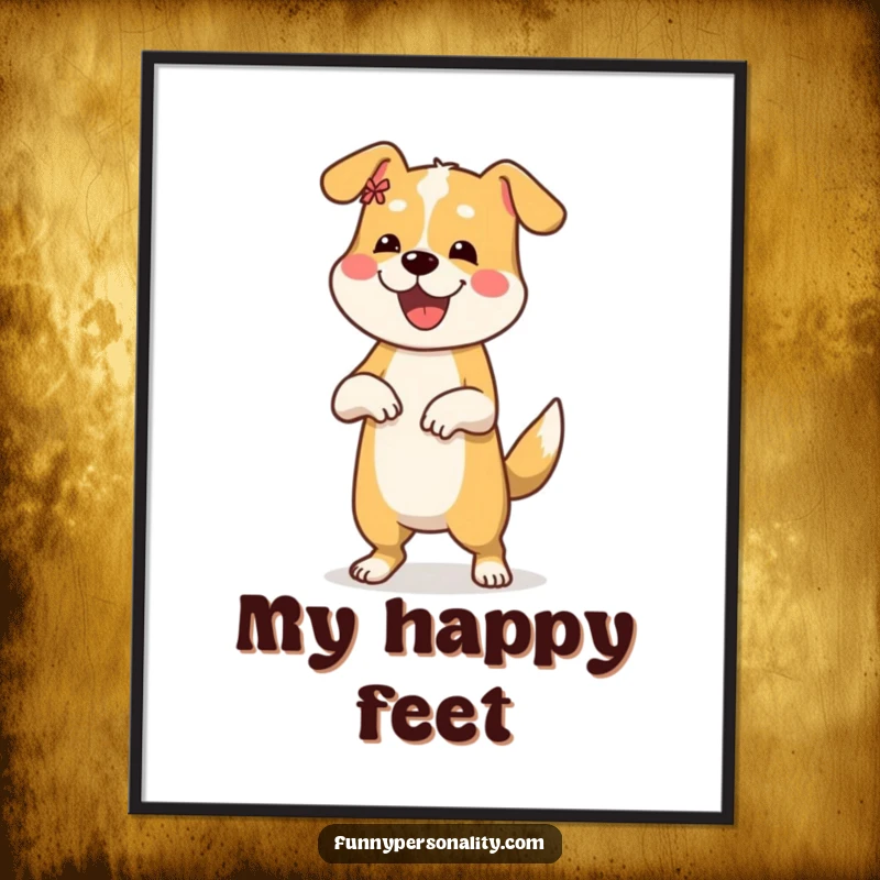 Funny poster art of a happy dog performing a silly, energetic dance move, ideal for adding fun decor.
