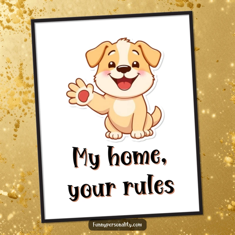 Funny dog poster of a happy dog holding out its paw, creating a welcoming and joyful atmosphere for any wall.