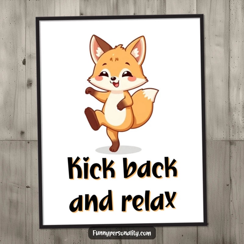 Funny Poster print of a happy fox cub doing a silly leg kick with one leg raised, embodying pure energetic fun.