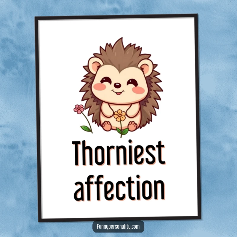 Funny poster featuring a cheerful hedgehog smiling warmly at a small, delicate flower, a heartwarming and charming illustration for wall decor.