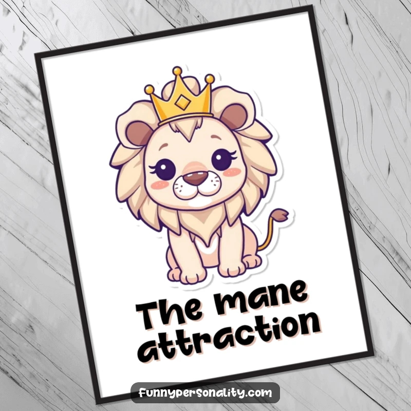 Funny triumphant lion character wearing a small crown, displayed as a powerful poster, symbolizing victory and regal authority with a majestic presence.