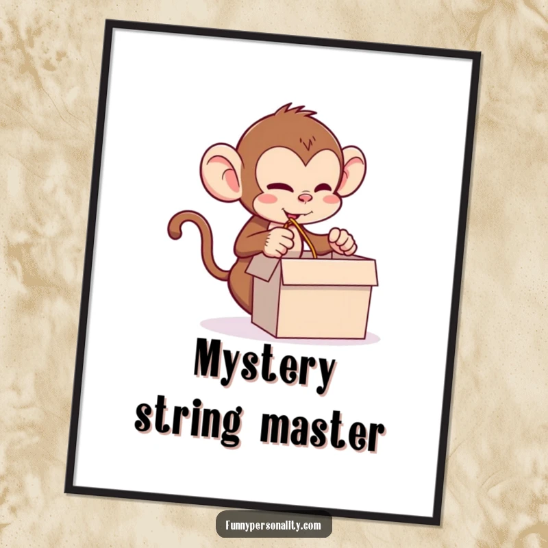 Funny monkey poster showing a mischievous monkey pulling a long string from a box, capturing playful chaos and humor.