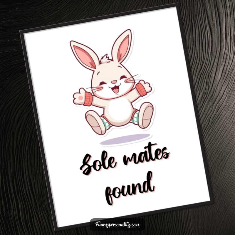 Funny rabbit poster: wall art of a cheerful rabbit character grinning widely while wearing mismatched, oversized socks.