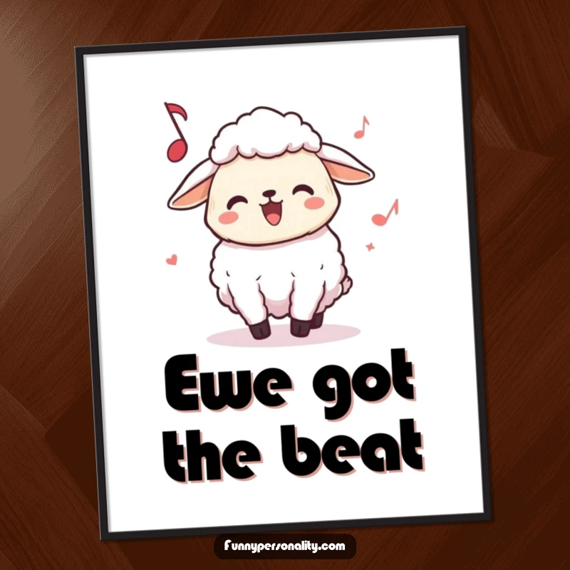 Funny Sheep Poster: A joyful sheep character lost in the music, headbanging happily, making a statement piece.