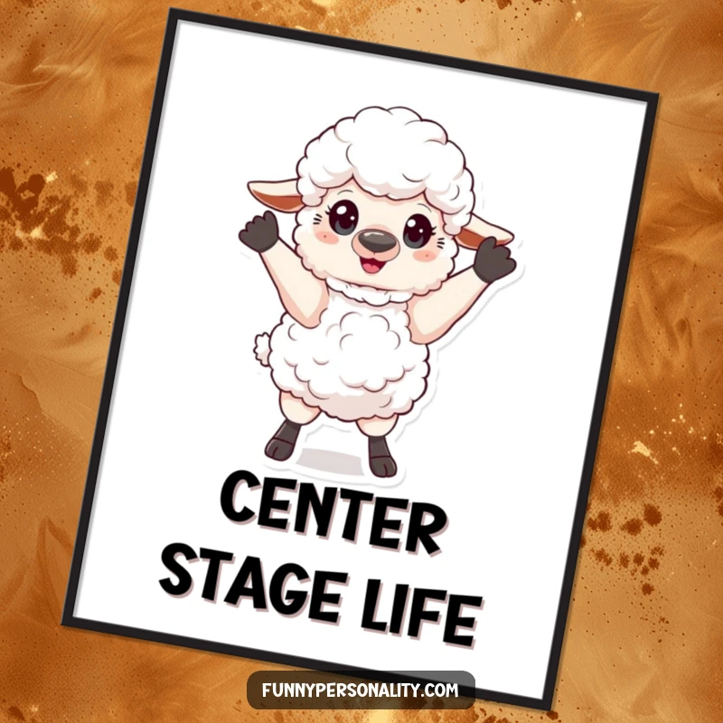 Funny Poster: A fluffy sheep striking a dramatic, theatrical pose, capturing a moment of bold performance and comedic elegance.