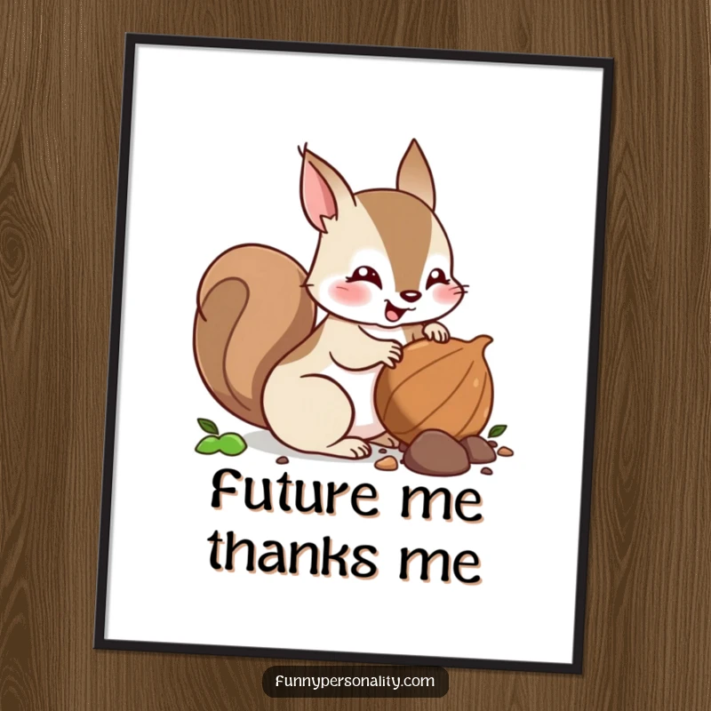 Funny squirrel poster print of a squirrel character excitedly burying a nut, adding a touch of woodland humor.