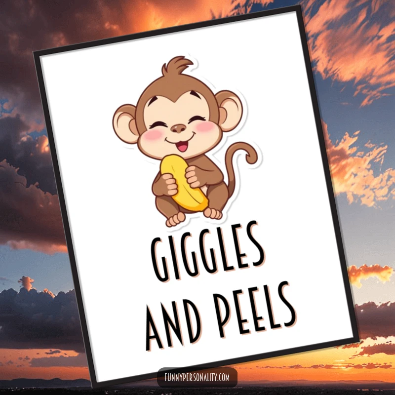 Funny poster art of a playful monkey character making a silly face while holding a banana. Vibrant and amusing.