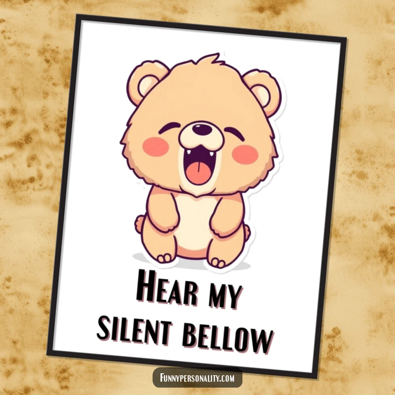 Funny bear poster: wall art depicting a fluffy bear character excitedly roaring a tiny, silent, yet amusing roar.