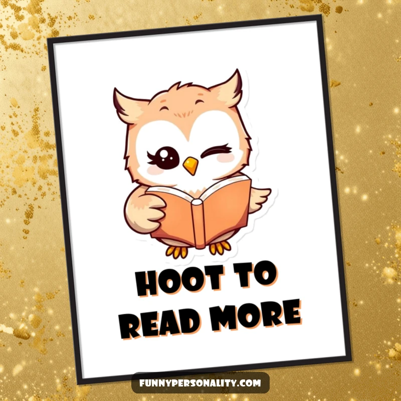Funny winking owl character holding a book with its wing, displayed as wall art, perfect for a study or reading nook, a funny gift.