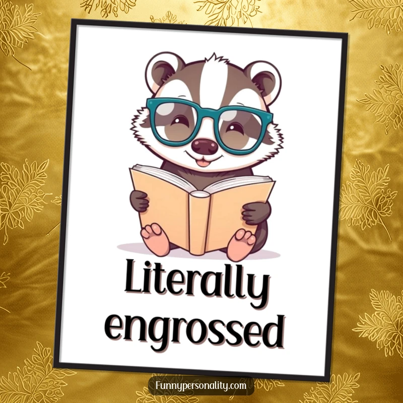 Funny poster: a cheerful badger with oversized glasses, intently reading a giant book, full of wisdom.