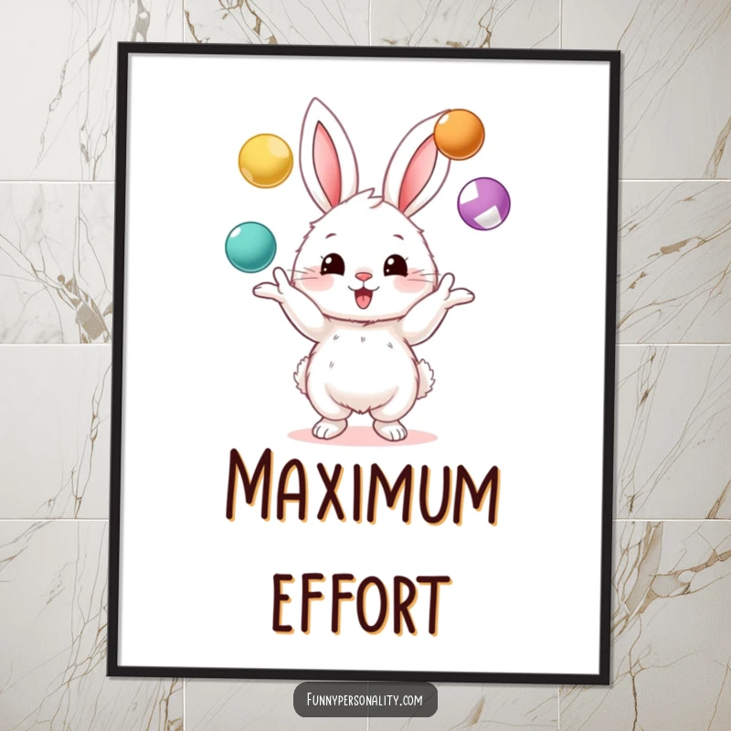 Funny poster depicting a fluffy bunny character in the middle of an exciting juggling act with three colorful balls, full of energy.