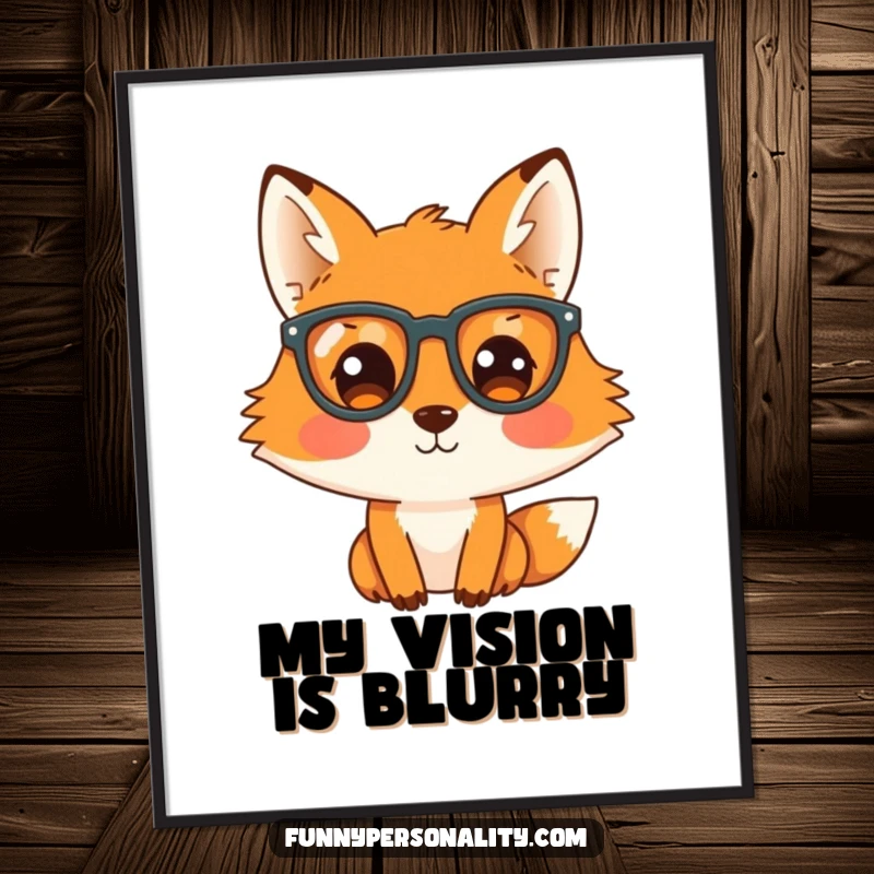 Funny poster art of a curious fox wearing big glasses, peering intently, adding intelligent humor to any room.