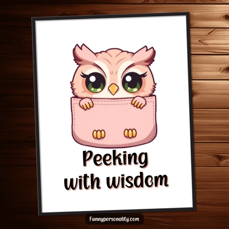Funny poster art of a curious owl with wide eyes peeking out from a large pocket, symbolizing wisdom and observation.