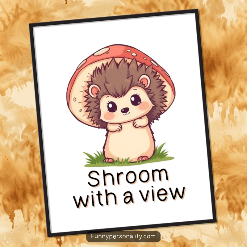 Funny poster illustrating a curious hedgehog character peeking from behind a large, fantastical mushroom, evoking a sense of woodland mystery.