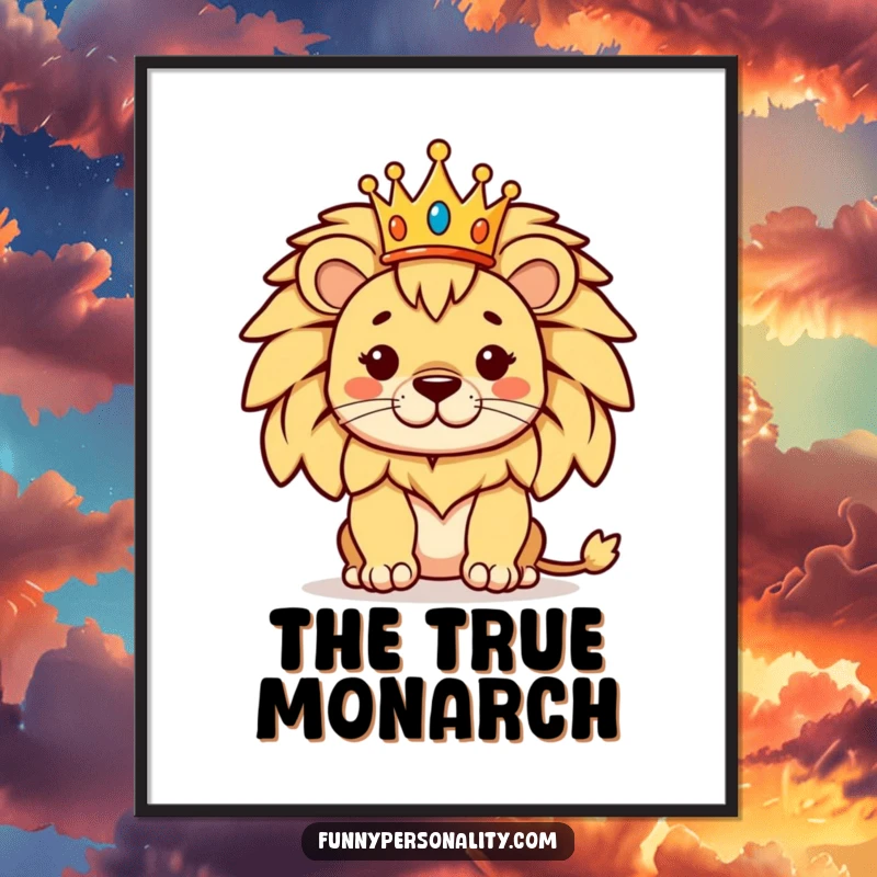 Funny poster featuring a proud lion posing regally with a tiny crown, a majestic and humorous illustration for wall decor.