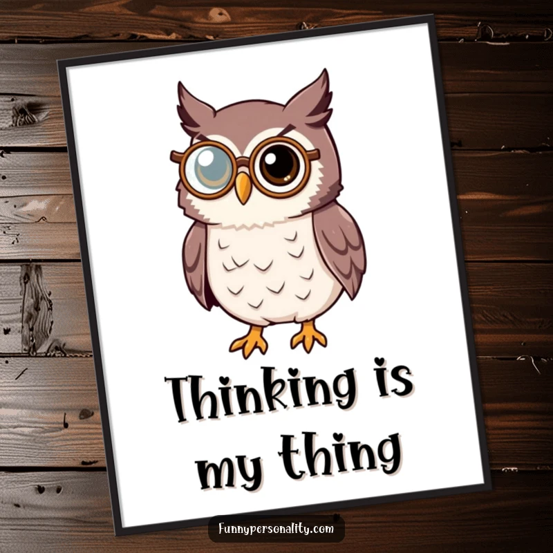 Wise owl poster featuring an intelligent owl character with a monocle, looking thoughtfully, ideal for sophisticated decor.