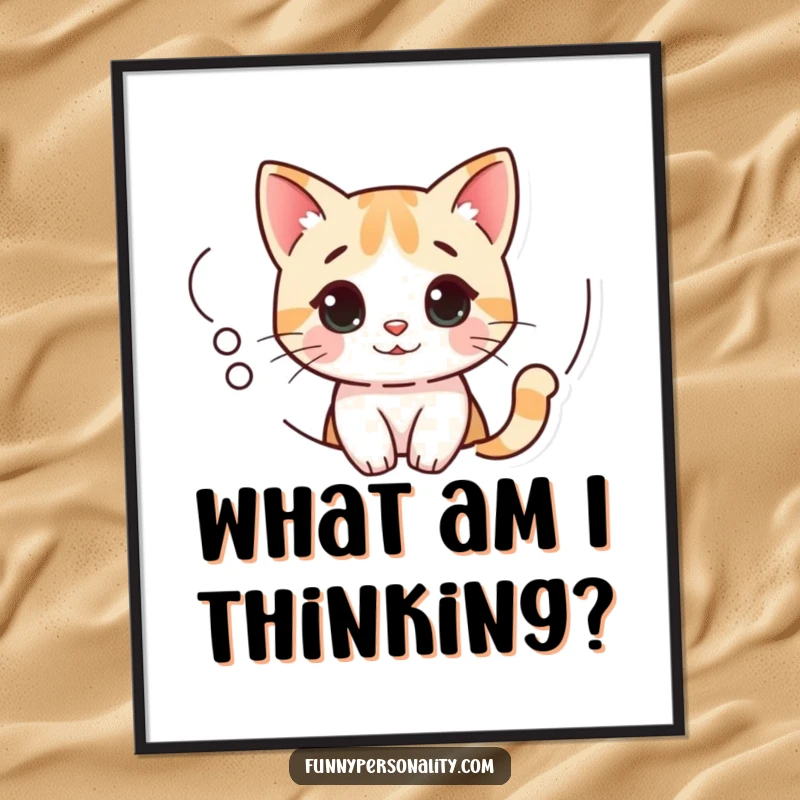 Funny Cat Poster showcasing a curious cat peeking out from a thought bubble, a whimsical piece of wall art.