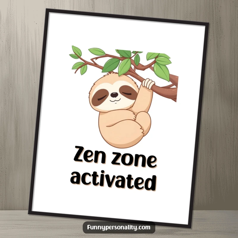 Funny Poster: A sleepy sloth smiles serenely while hanging from a branch, perfect humorous wall art for a relaxing gift.