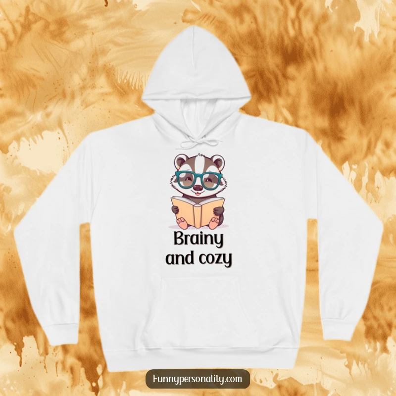 Funny hoodie: a cheerful badger with big glasses, reading a giant book, radiating academic vibes.