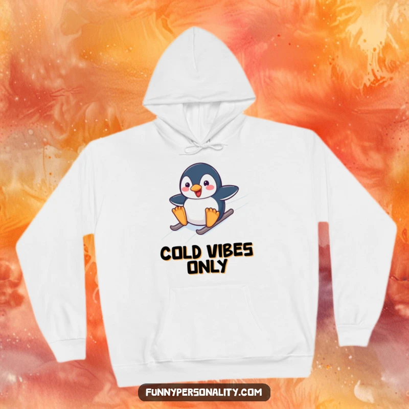 Funny hoodie with a happy penguin character captured mid-slide down a frosty icy slope, looking incredibly joyful.