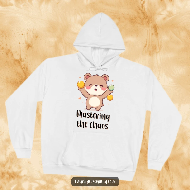 Funny Bear Hoodie: A soft, warm hoodie featuring a cheerful animated bear skillfully juggling a set of brightly colored balls.