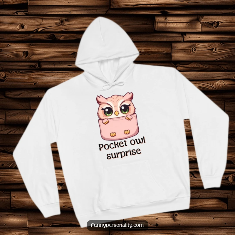 Funny hoodie featuring a curious owl with wide eyes peeking out from a large pocket, perfect for staying warm and carrying a pocket pal.