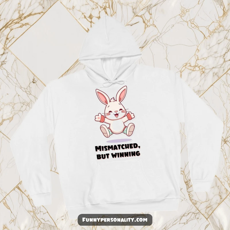 Funny rabbit hoodie: a warm hoodie featuring a grinning rabbit character sporting oversized, colorful, mismatched socks.
