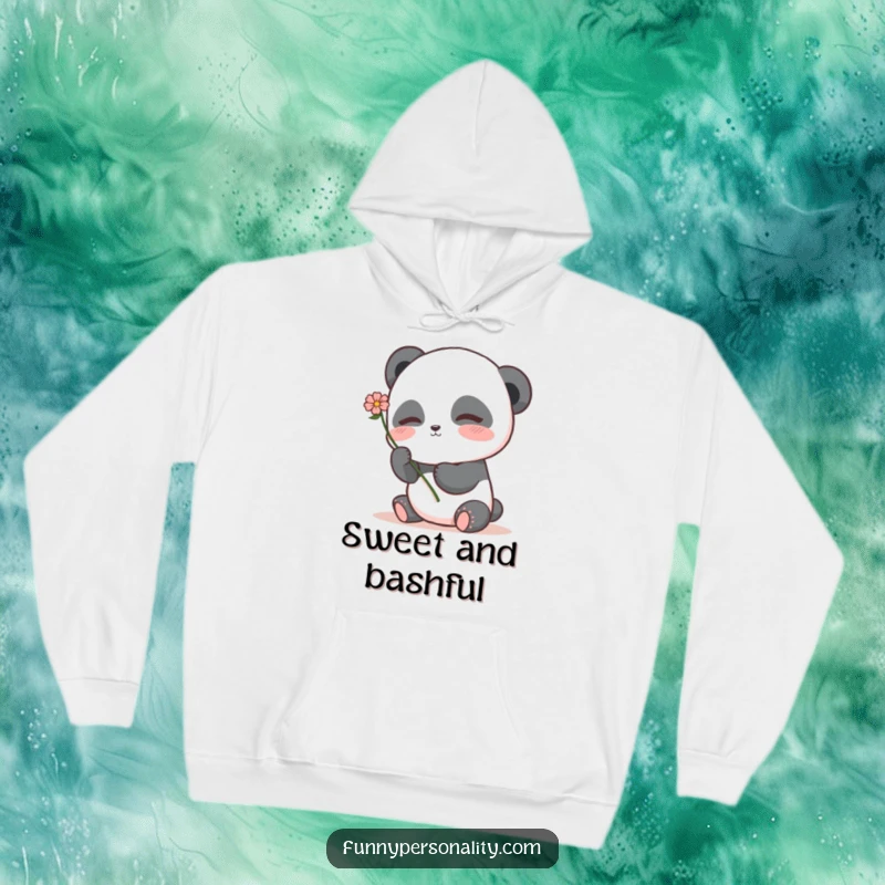 Cozy shy panda hoodie featuring a blushing panda character holding a flower, perfect for gentle comfort and sweet gestures.