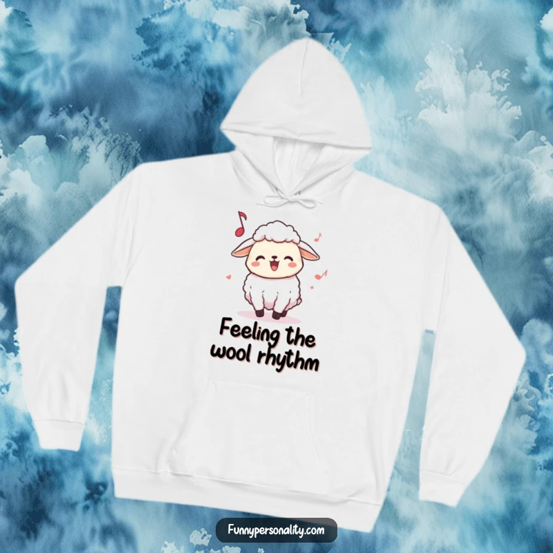 Funny Sheep Hoodie: A joyful sheep character headbanging with eyes closed to imaginary music, embodying carefree fun.