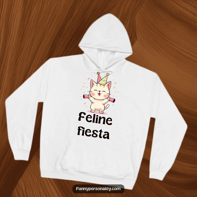 Funny Cat Hoodie: A soft, warm hoodie featuring a playful cat in a party hat, enthusiastically firing confetti cannons.