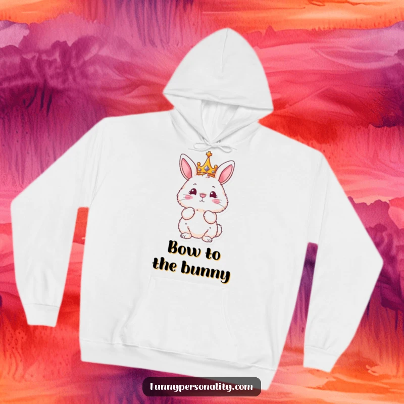 Funny hoodie featuring a fluffy bunny in a tiny crown, striking a regal pose, perfect for cozy royalty.