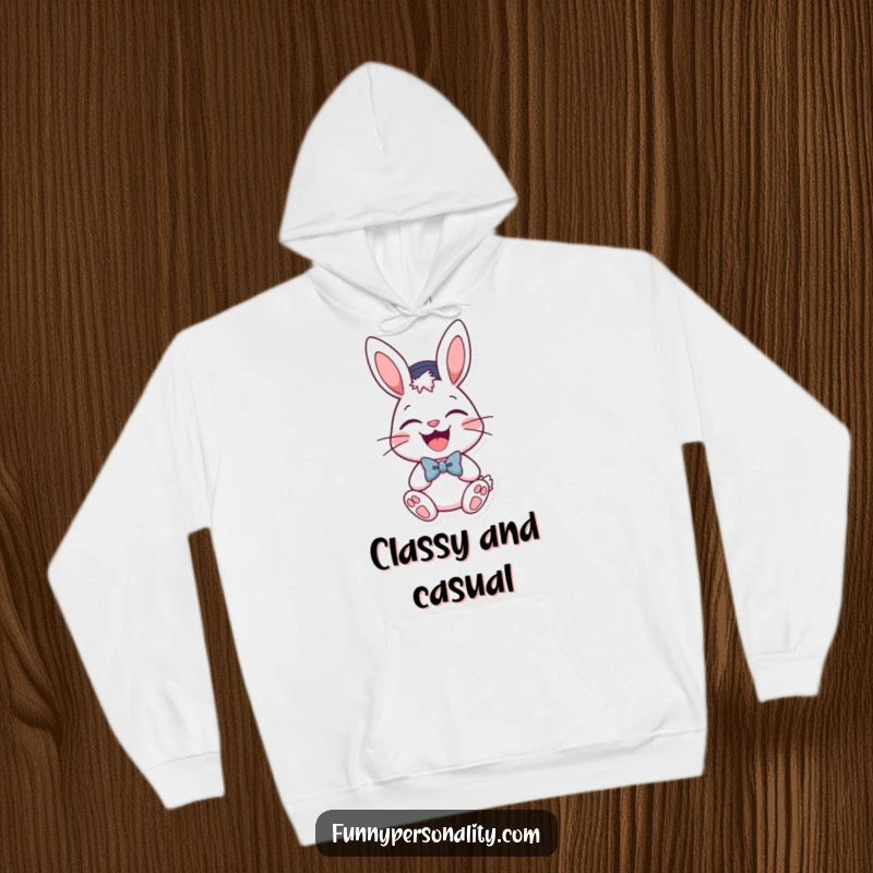 Funny hoodie featuring a laughing bunny in a hat and bow tie, radiating festive cheer and cozy vibes. Ideal for parties.