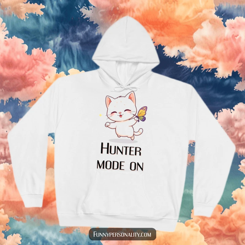 Funny hoodie with a playful cat character happily chasing a sparkling butterfly, offering cozy comfort and a touch of whimsical joy.