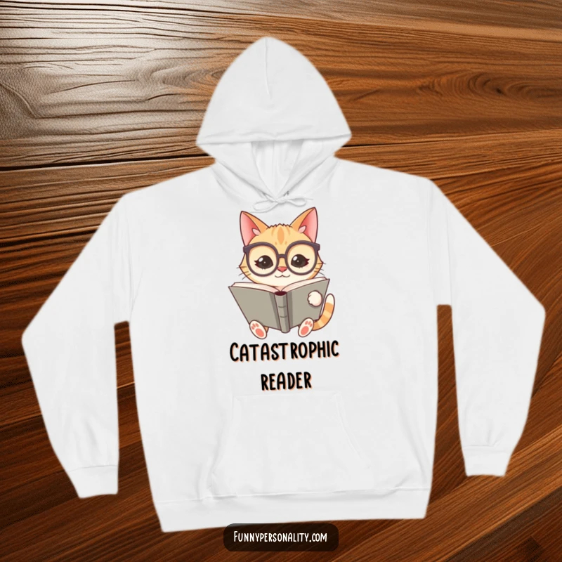 Funny hoodie featuring a silly cat wearing large spectacles and reading a giant book, ideal for cozying up.