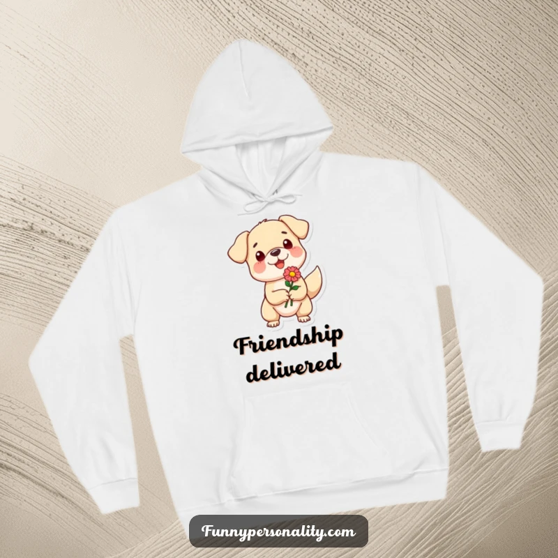 Funny hoodie with a small dog character enthusiastically offering a flower, bringing cozy comfort and a touch of heartwarming cheer.