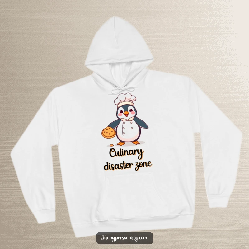 Funny hoodie: a penguin chef comically dropping a pie, offering warmth and amusement.
