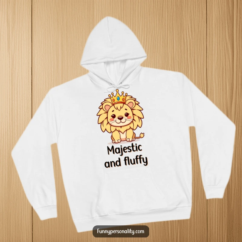 Funny hoodie with a proud lion wearing a tiny crown, exuding regal charm and comfort, a statement of majestic humor.