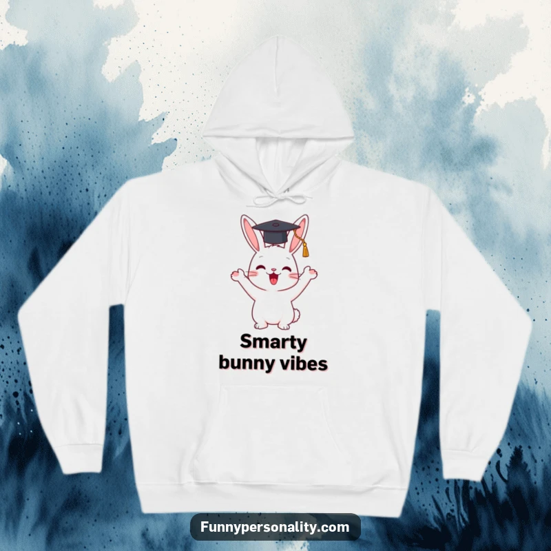 Funny hoodie featuring a happy rabbit character enthusiastically waving a tiny graduation cap, ideal for graduates.