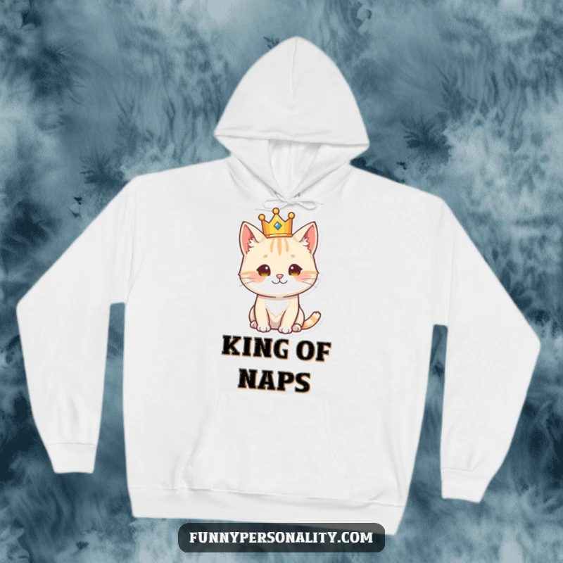 Funny cat character wearing a crown, looking majestic, a cozy and humorous hoodie for feline royalty fans.
