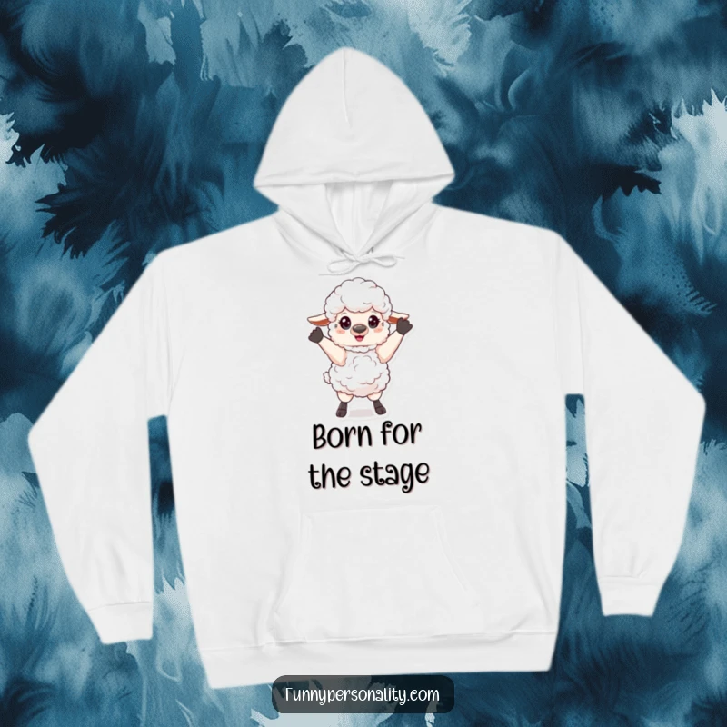 Funny Hoodie: A fluffy sheep striking a theatrical pose, offering comfort with a dramatic and humorous visual appeal.